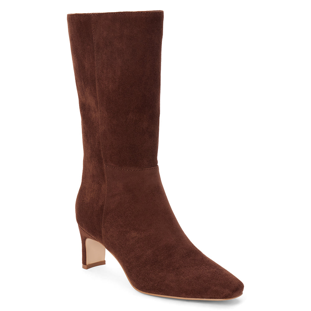 Vegan brown faux suede mid-calf boot with a streamlined shaft, square toe, tonal stitching, and slim heel shown on a white background.