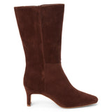 Vegan brown faux suede mid-calf boot with a streamlined shaft, square toe, tonal stitching, and slim heel shown on a white background.