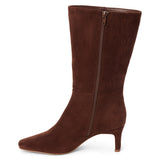 Vegan brown faux suede mid-calf boot with a streamlined shaft, square toe, tonal stitching, and slim heel shown on a white background.