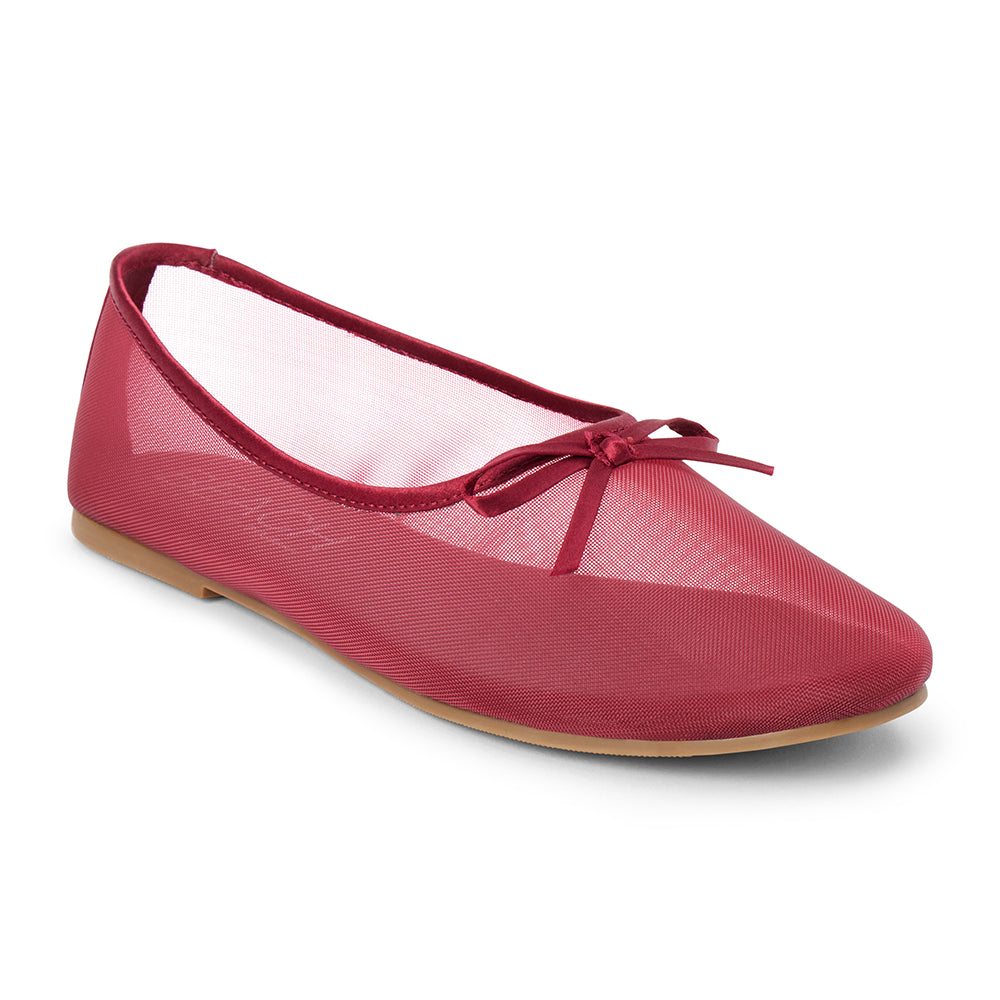 Vegan burgundy sheer mesh ballet flat with a rounded toe, tonal trim, matching toe panel, and small bow detail shown on a white background.