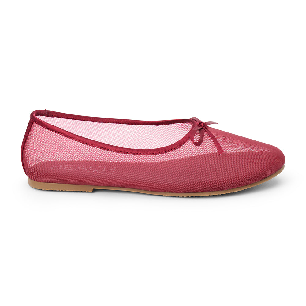 Vegan burgundy sheer mesh ballet flat with a rounded toe, tonal trim, matching toe panel, and small bow detail shown on a white background.