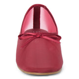 Vegan burgundy sheer mesh ballet flat with a rounded toe, tonal trim, matching toe panel, and small bow detail shown on a white background.