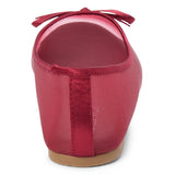 Vegan burgundy sheer mesh ballet flat with a rounded toe, tonal trim, matching toe panel, and small bow detail shown on a white background.
