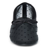 Vegan black sheer mesh ballet flat with black polka dots, a rounded toe, tonal trim, and small bow detail shown on a white background.