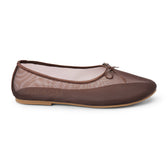 Vegan brown sheer mesh ballet flat with a rounded toe, tonal trim, matching toe panel, and small bow detail shown on a white background.