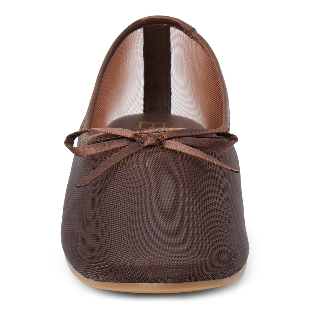 Vegan brown sheer mesh ballet flat with a rounded toe, tonal trim, matching toe panel, and small bow detail shown on a white background.