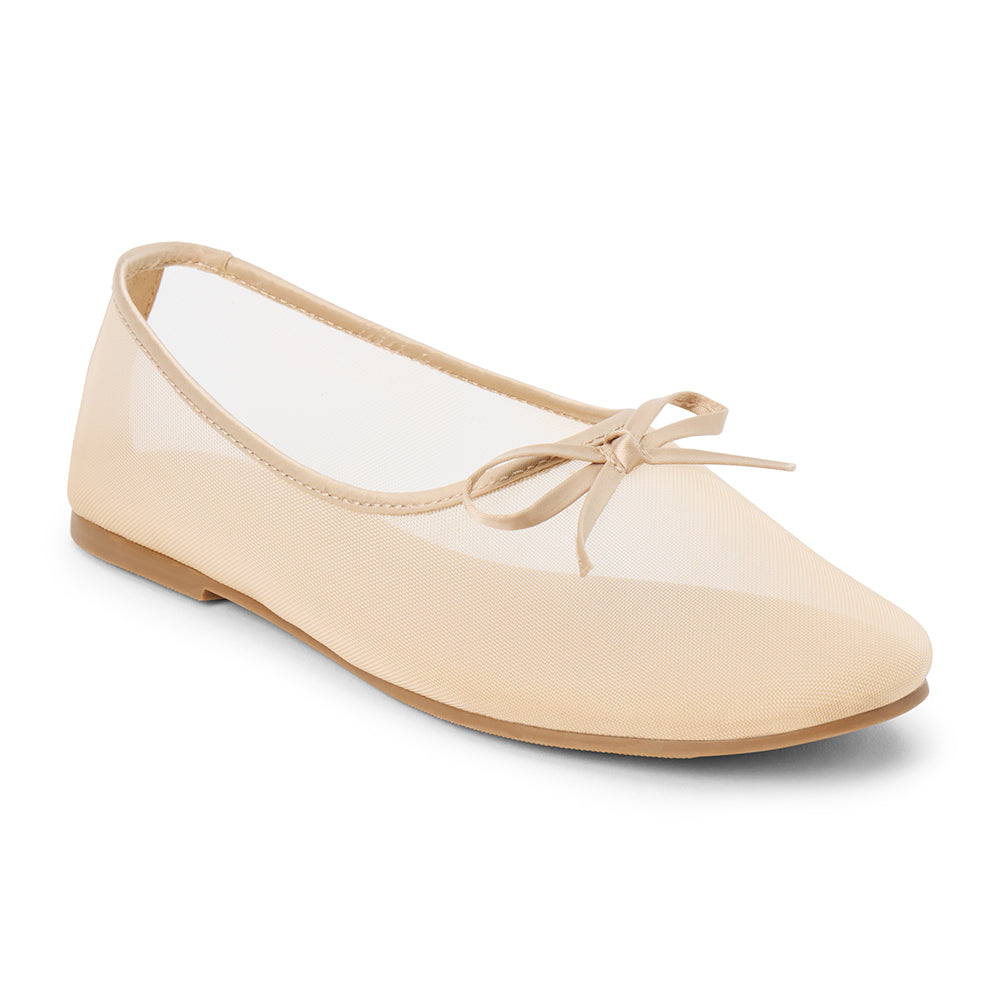 Vegan ivory sheer mesh ballet flat with a rounded toe, tonal trim, matching toe panel, and small bow detail shown on a white background.