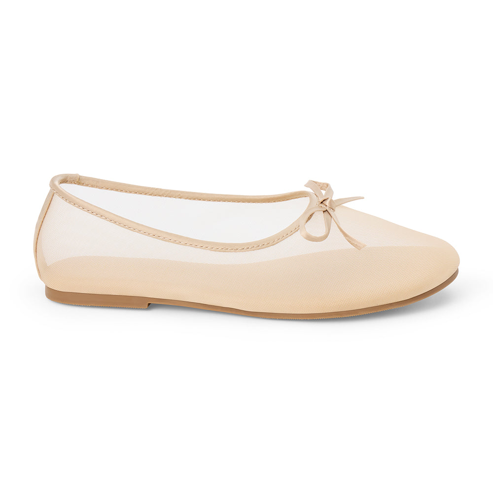 Vegan ivory sheer mesh ballet flat with a rounded toe, tonal trim, matching toe panel, and small bow detail shown on a white background.