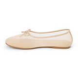 Vegan ivory sheer mesh ballet flat with a rounded toe, tonal trim, matching toe panel, and small bow detail shown on a white background.