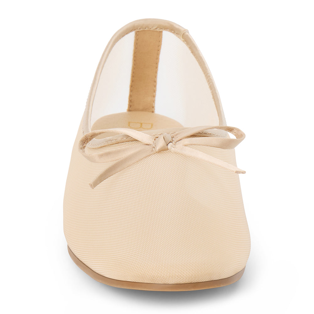 Vegan ivory sheer mesh ballet flat with a rounded toe, tonal trim, matching toe panel, and small bow detail shown on a white background.