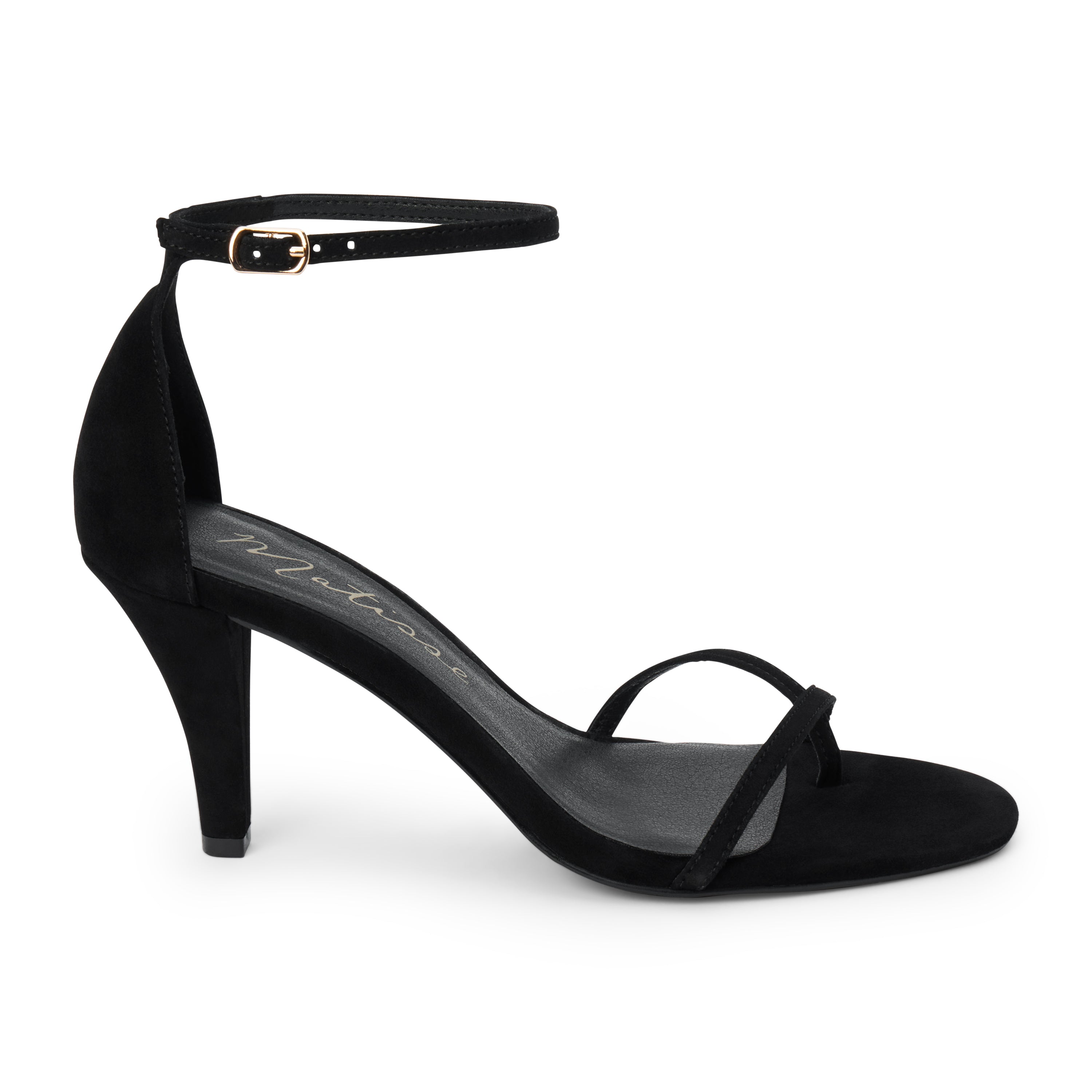 Black suede heeled sandal with a toe loop, slim ankle strap, and tapered heel shown on a white background.
