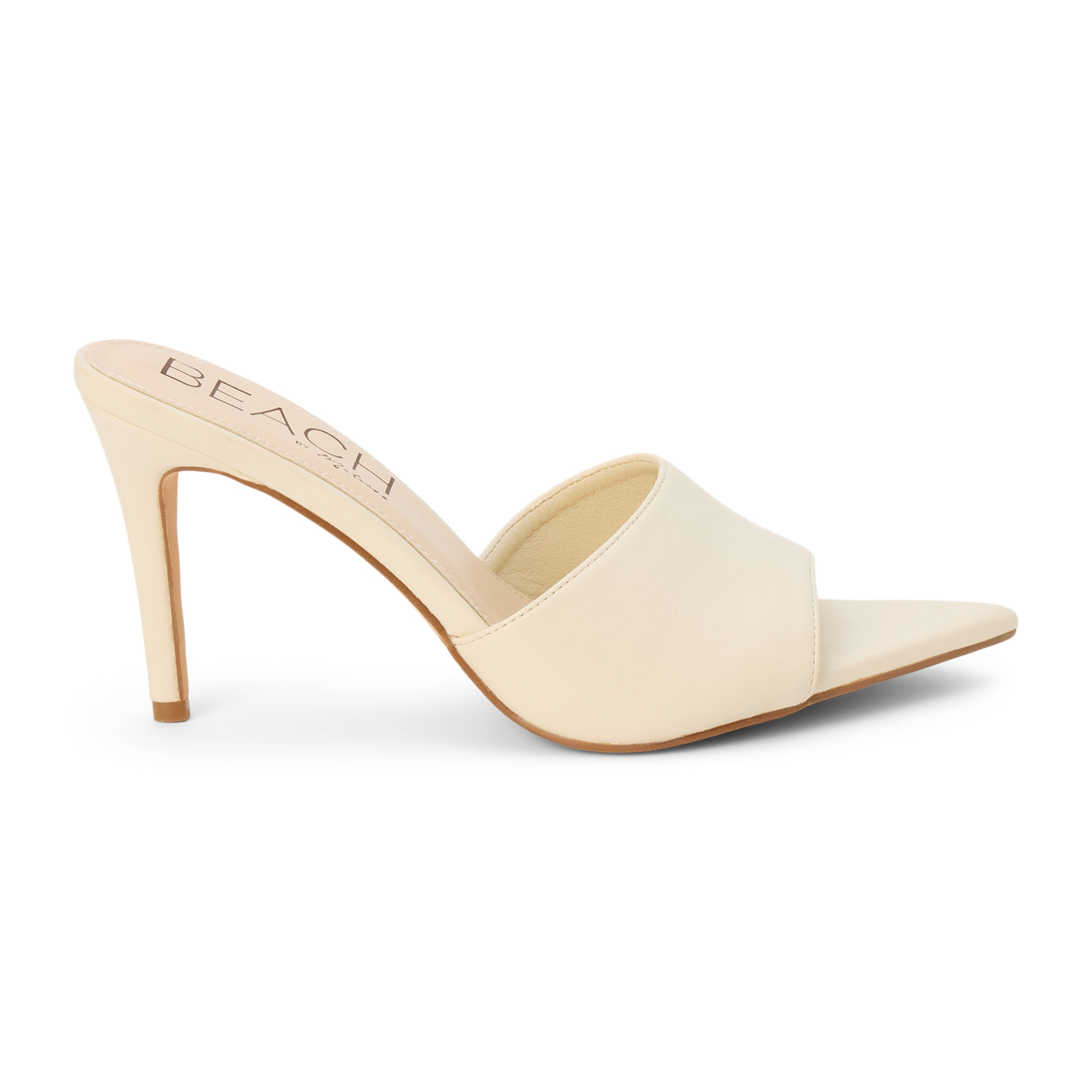 Ivory faux leather heeled sandal with a pointed toe, smooth upper, high heel, and slip-on design, shown on a white background.