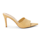 Natural raffia heeled sandal with a pointed toe, woven upper, stiletto heel, and slip-on design, shown on a white background.