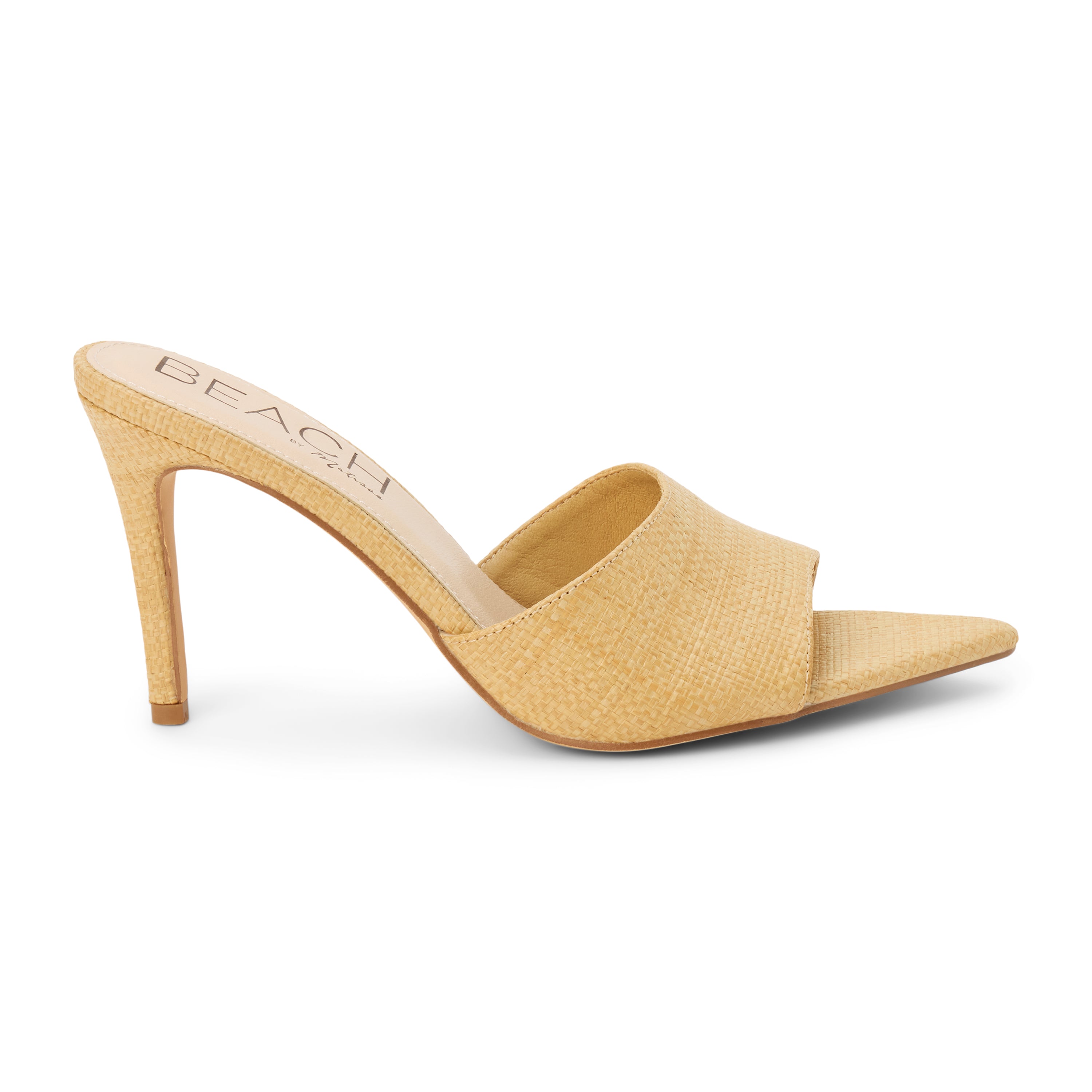 Natural raffia heeled sandal with a pointed toe, woven upper, stiletto heel, and slip-on design, shown on a white background.