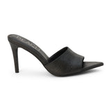 Black raffia heeled sandal with a pointed toe, woven upper, stiletto heel, and slip-on design, shown on a white background.