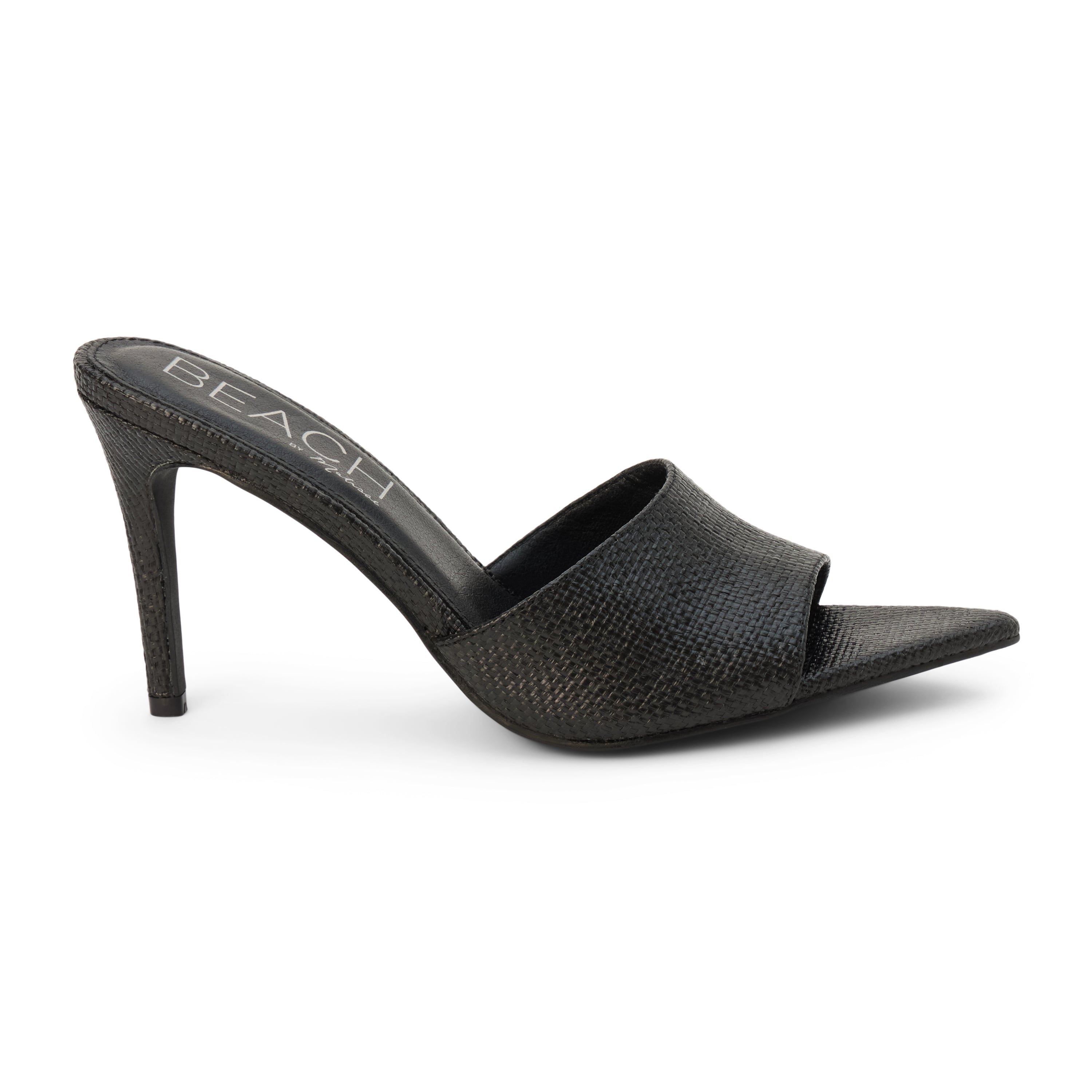 Black raffia heeled sandal with a pointed toe, woven upper, stiletto heel, and slip-on design, shown on a white background.