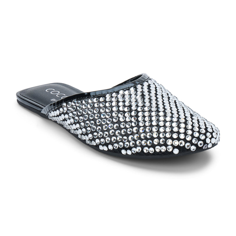 Karlie Vegan Embellished Mule – Coconuts by Matisse – Black mesh slip-on mule with allover crystal rhinestones and almond toe.