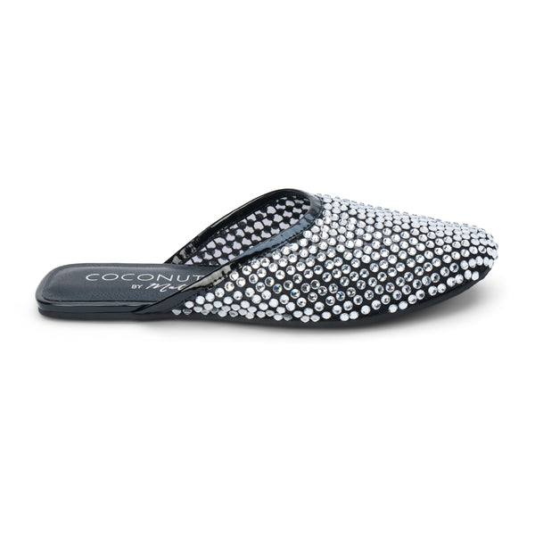 Karlie Vegan Embellished Mule – Coconuts by Matisse – Black mesh slip-on mule with allover crystal rhinestones and almond toe.