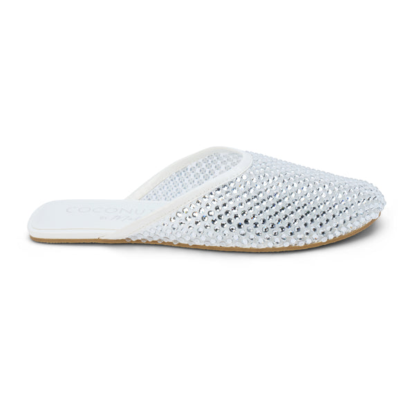 Karlie Vegan Embellished Mule – Coconuts by Matisse – White mesh slip-on mule with allover crystal rhinestones and almond toe.