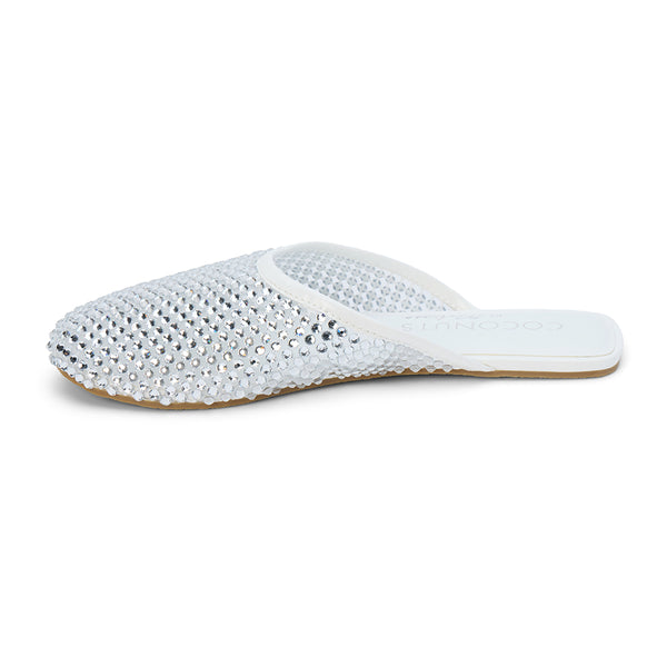 Karlie Vegan Embellished Mule – Coconuts by Matisse – White mesh slip-on mule with allover crystal rhinestones and almond toe.