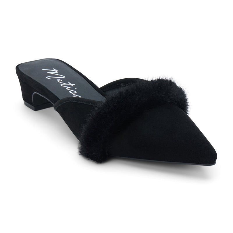 Kellan Heeled Mule – Matisse – Pointed-toe heeled mule with faux fur trim and low kitten heel in black suede.
