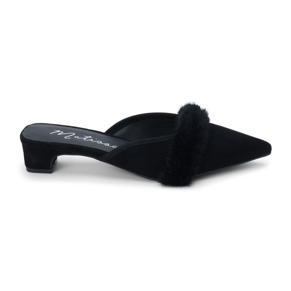 Kellan Heeled Mule – Matisse – Pointed-toe heeled mule with faux fur trim and low kitten heel in black suede.