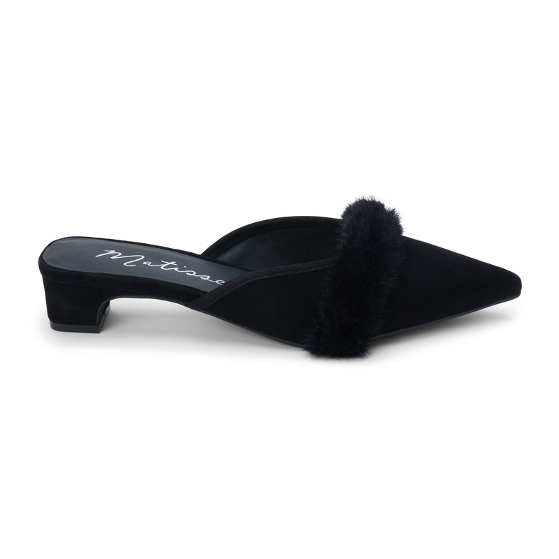 Kellan Heeled Mule – Matisse – Pointed-toe heeled mule with faux fur trim and low kitten heel in black suede.
