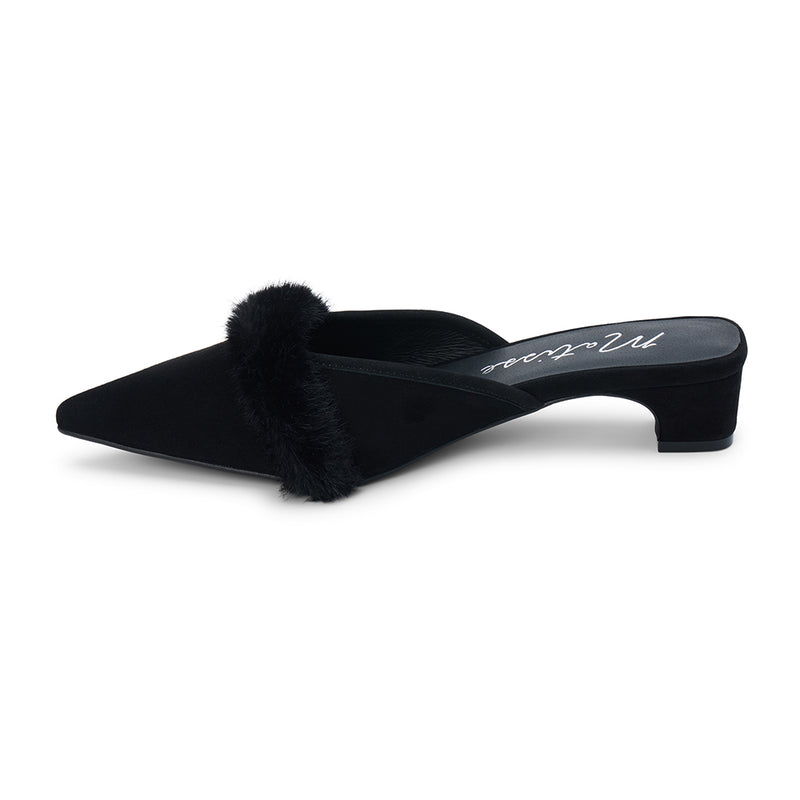 Kellan Heeled Mule – Matisse – Pointed-toe heeled mule with faux fur trim and low kitten heel in black suede.