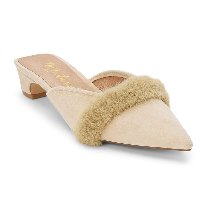 Kellan Heeled Mule – Matisse – Pointed-toe heeled mule with faux fur trim and low kitten heel in beige suede.