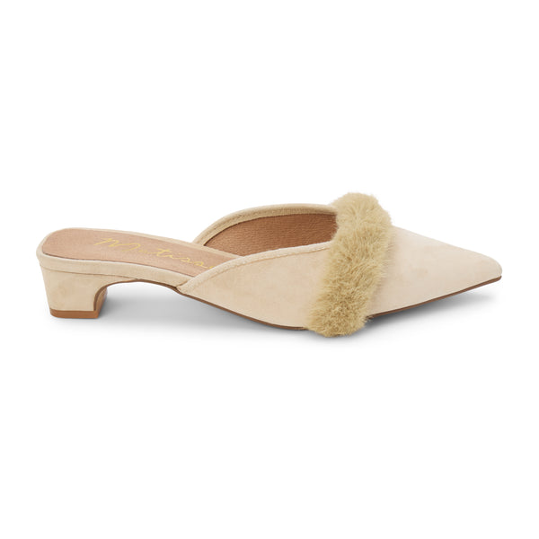 Kellan Heeled Mule – Matisse – Pointed-toe heeled mule with faux fur trim and low kitten heel in beige suede.