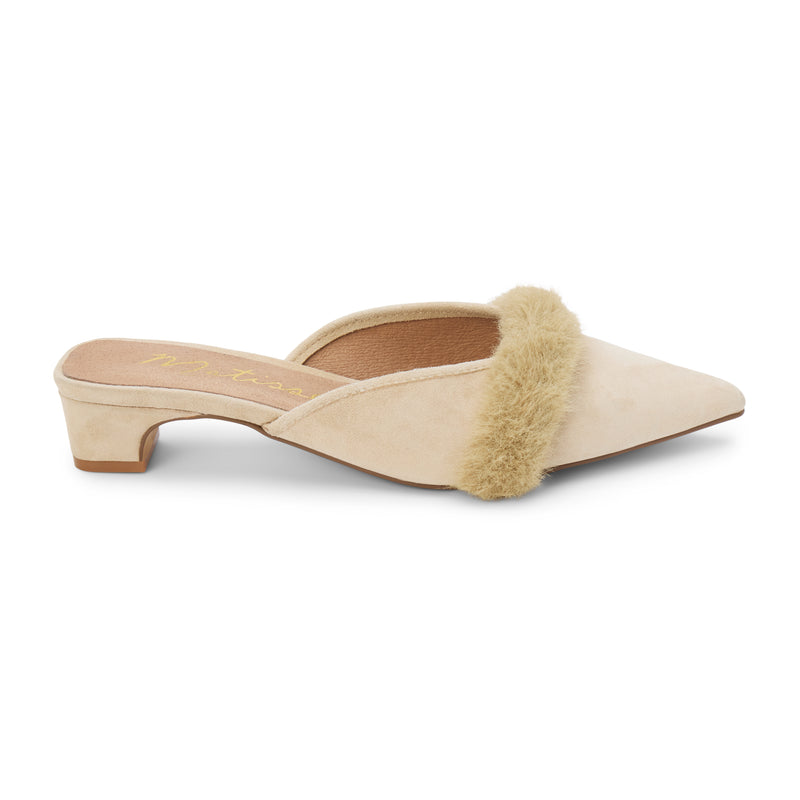 Kellan Heeled Mule – Matisse – Pointed-toe heeled mule with faux fur trim and low kitten heel in beige suede.