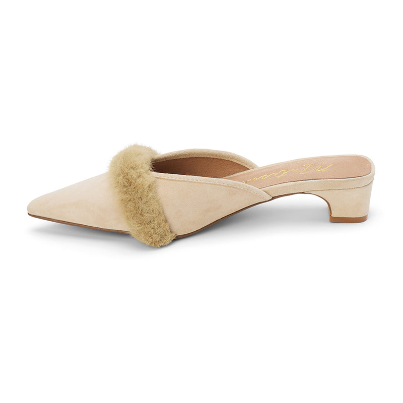 Kellan Heeled Mule – Matisse – Pointed-toe heeled mule with faux fur trim and low kitten heel in beige suede.