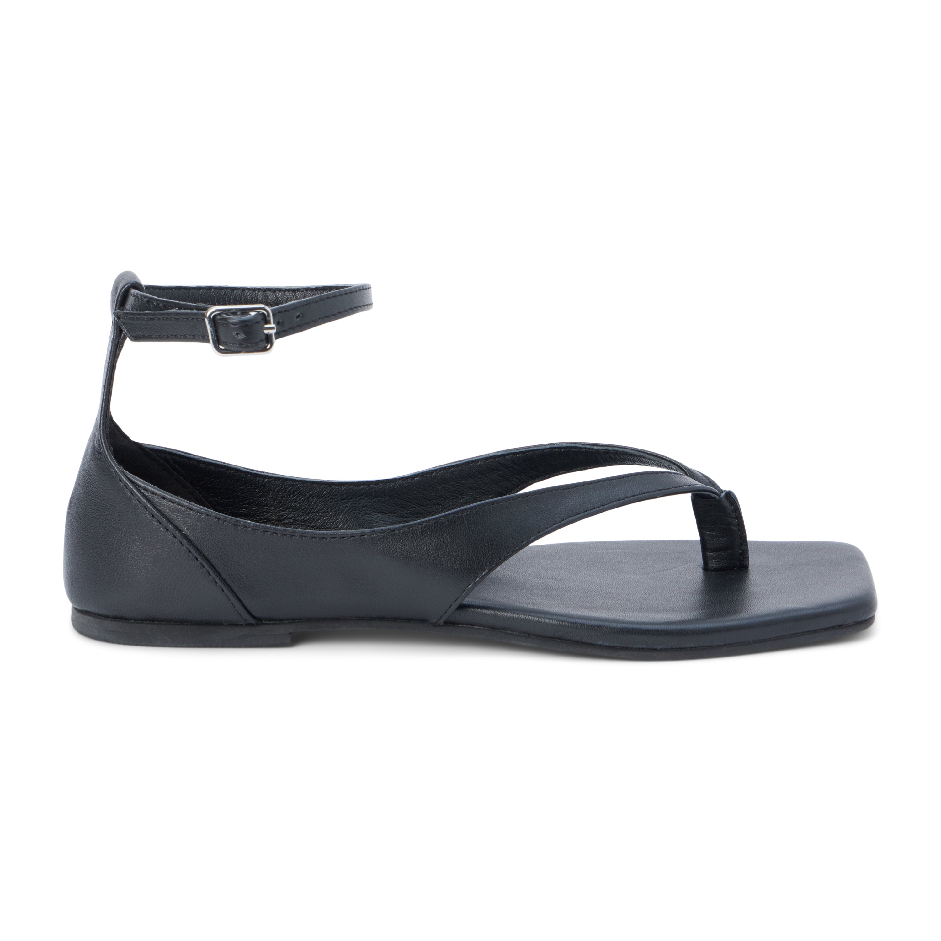 Black leather sandal with ankle strap and toe thong shown on a white background.