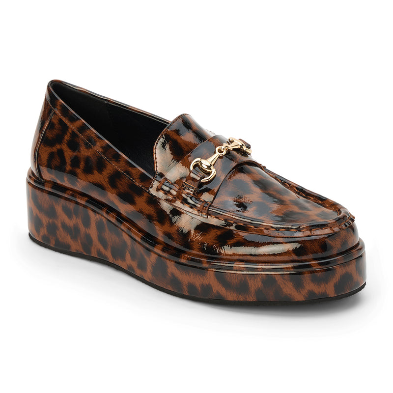 Kimbra Vegan Platform Loafer – Coconuts by Matisse – Platform loafer in glossy leopard print with gold horsebit hardware.
