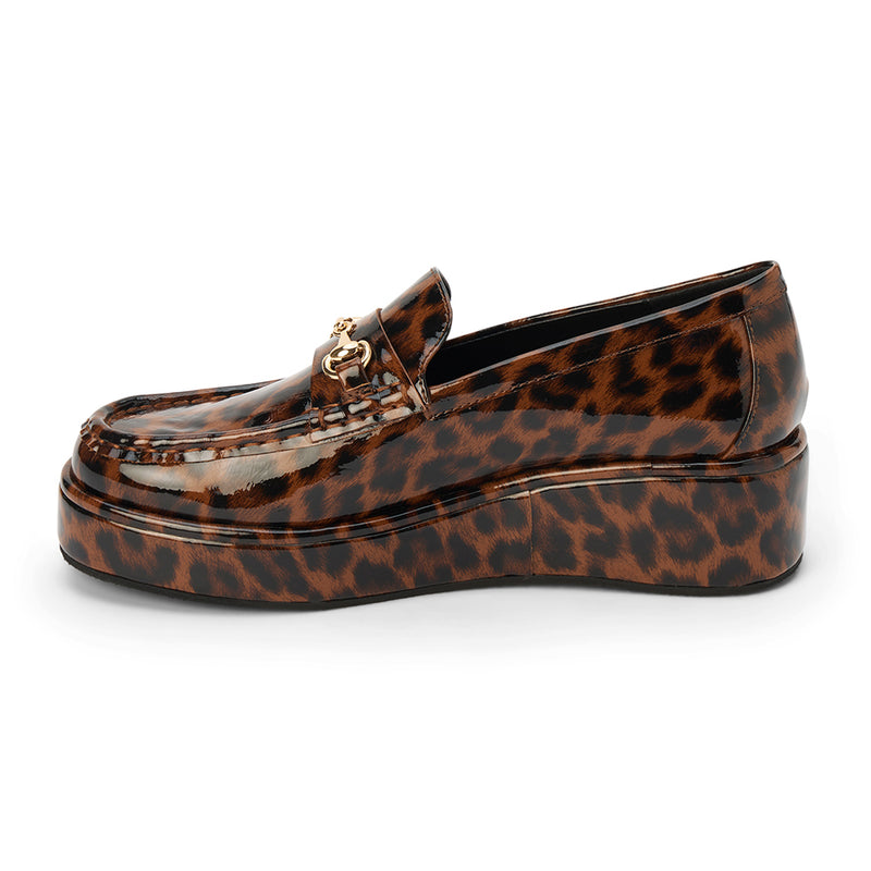 Kimbra Vegan Platform Loafer – Coconuts by Matisse – Platform loafer in glossy leopard print with gold horsebit hardware.