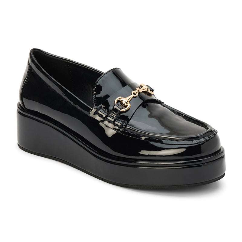 Kimbra Vegan Loafer – Coconuts by Matisse – Black patent platform loafer with gold horsebit hardware.