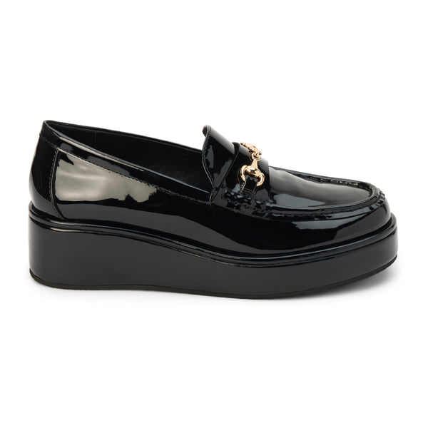 Kimbra Vegan Loafer – Coconuts by Matisse – Black patent platform loafer with gold horsebit hardware.
