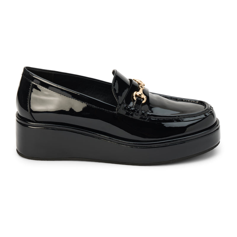 Kimbra Vegan Loafer – Coconuts by Matisse – Black patent platform loafer with gold horsebit hardware.