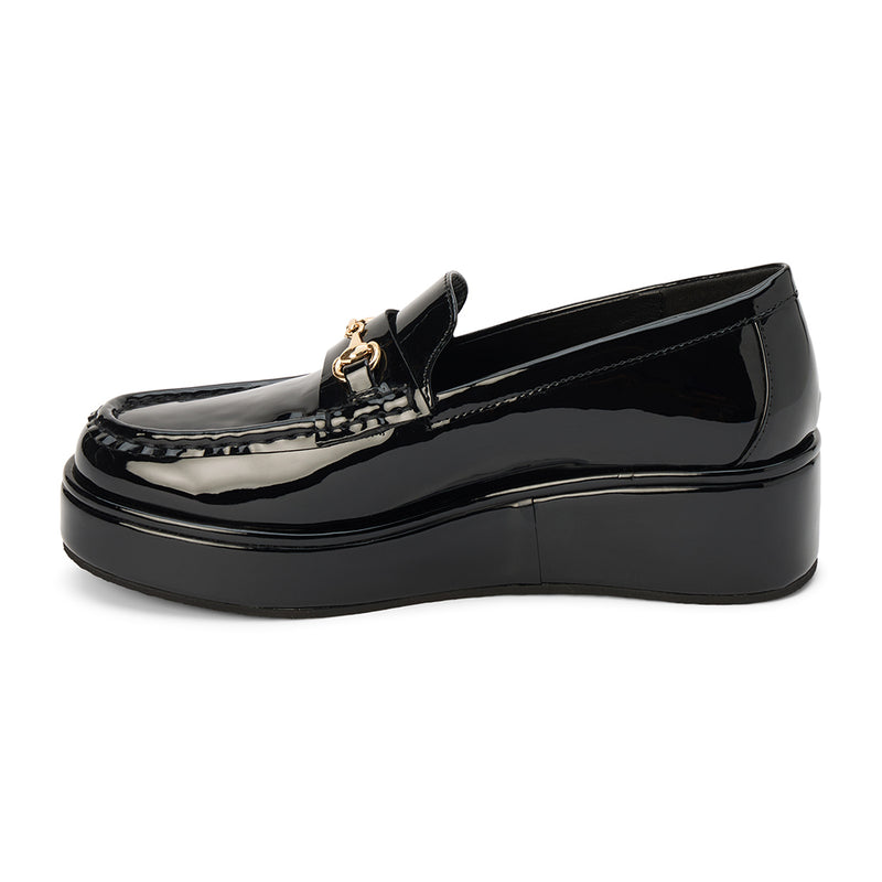 Kimbra Vegan Loafer – Coconuts by Matisse – Black patent platform loafer with gold horsebit hardware.