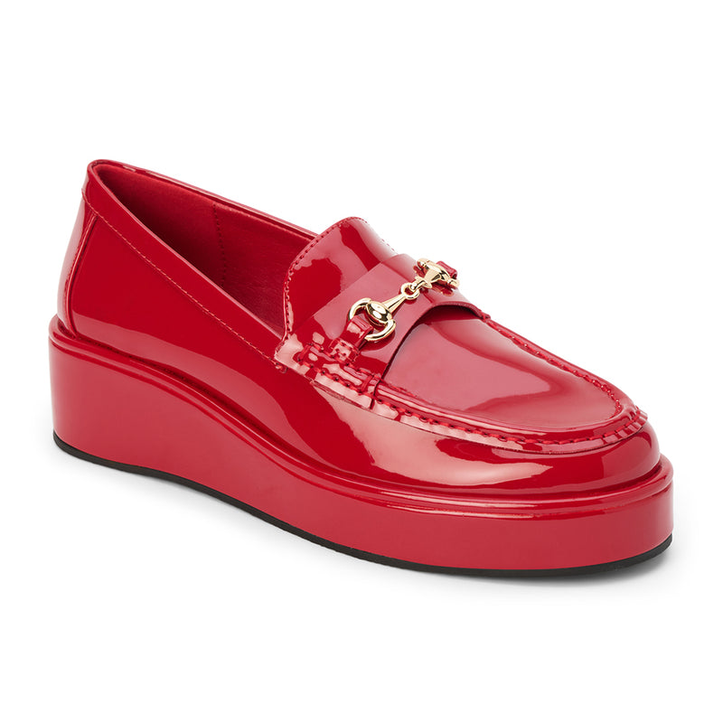 Kimbra Vegan Loafer – Coconuts by Matisse – Red patent platform loafer with gold horsebit hardware.