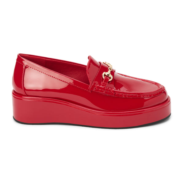 Kimbra Vegan Loafer – Coconuts by Matisse – Red patent platform loafer with gold horsebit hardware.