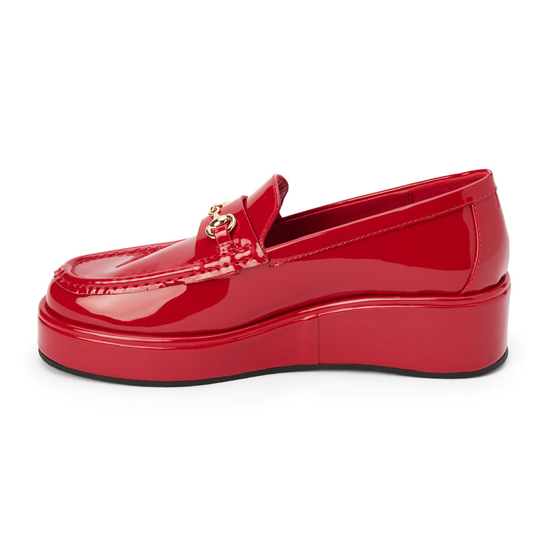 Kimbra Vegan Loafer – Coconuts by Matisse – Red patent platform loafer with gold horsebit hardware.
