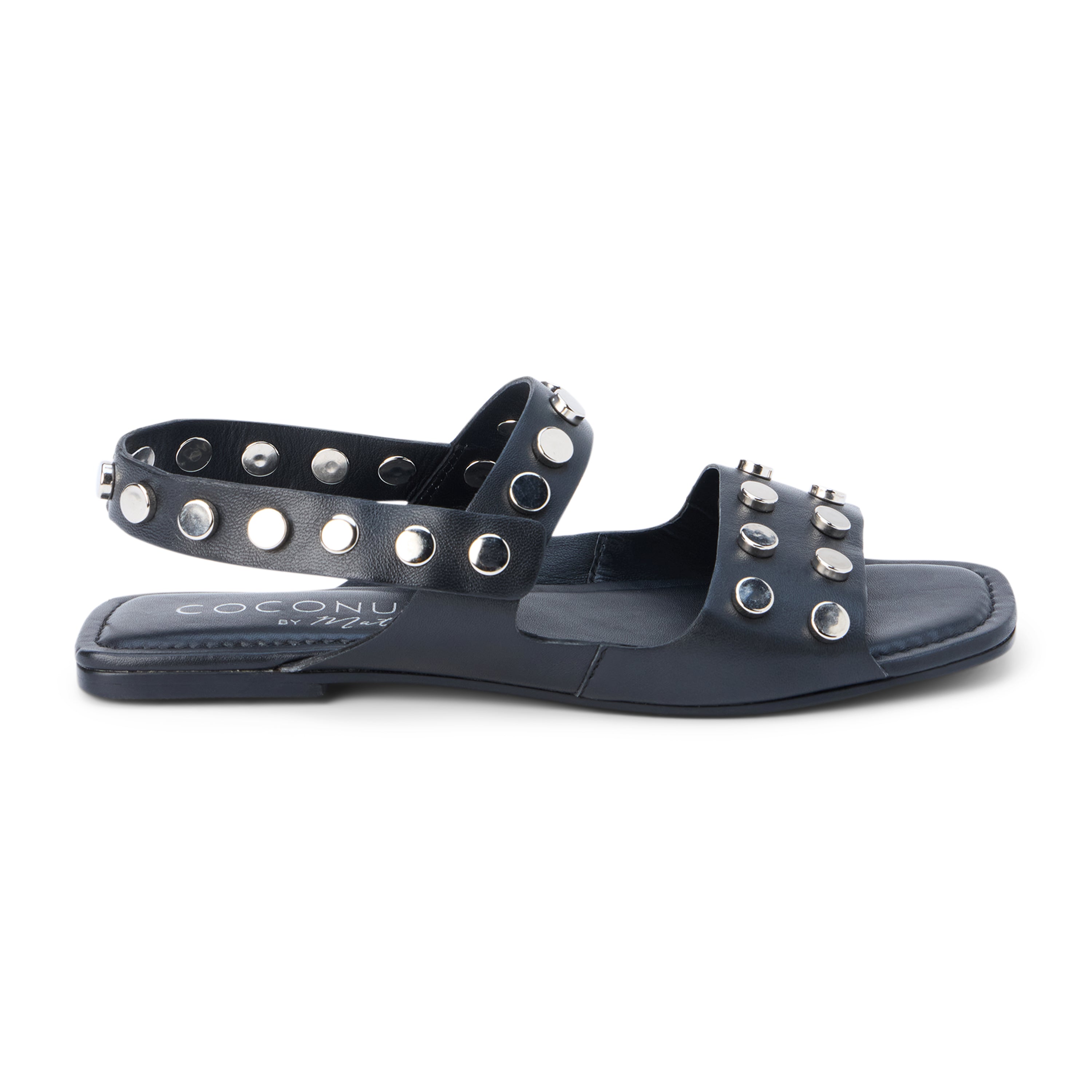 Black leather sandal with silver studs and slingback strap shown on a white background.