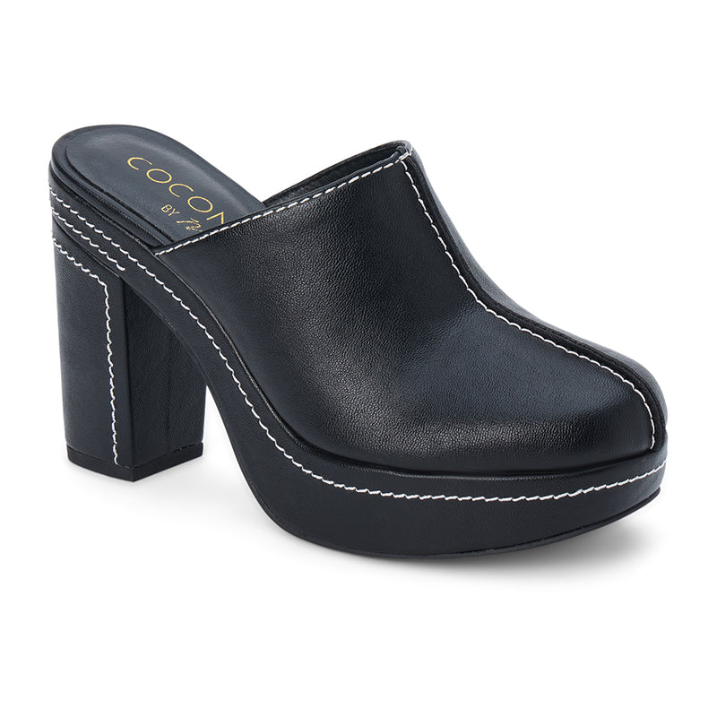 Krista Vegan Platform Mule – Coconuts by Matisse – Black faux leather platform mule with block heel and contrast stitching.