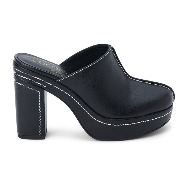 Krista Vegan Platform Mule – Coconuts by Matisse – Black faux leather platform mule with block heel and contrast stitching.