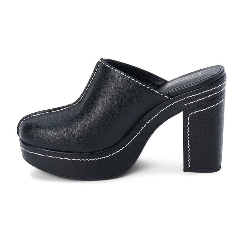 Krista Vegan Platform Mule – Coconuts by Matisse – Black faux leather platform mule with block heel and contrast stitching.