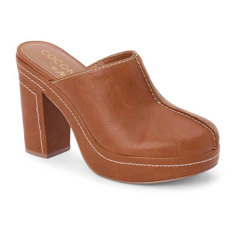 Krista Vegan Platform Mule – Coconuts by Matisse – Brown faux leather platform mule with block heel and contrast stitching.