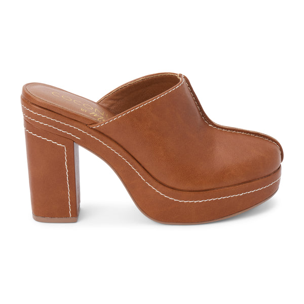 Krista Vegan Platform Mule – Coconuts by Matisse – Brown faux leather platform mule with block heel and contrast stitching.
