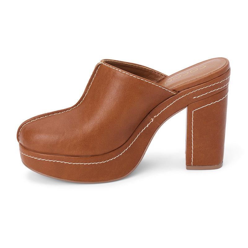 Krista Vegan Platform Mule – Coconuts by Matisse – Brown faux leather platform mule with block heel and contrast stitching.