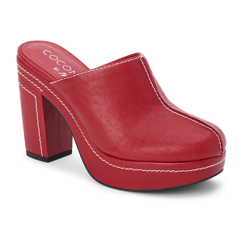 Krista Vegan Platform Mule – Coconuts by Matisse – Dark red faux leather platform mule with block heel and contrast stitching.